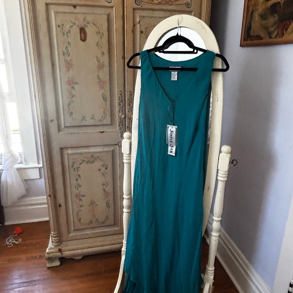 Sleeveless Lined 100% Silk Teal Maxi Dress - Women XL, NWT